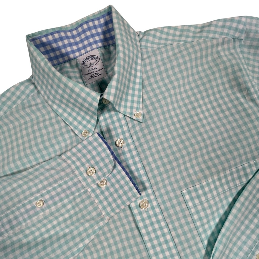 Brooks Brothers Regent Shirt Mens L Green Gingham Non-Iron Button Down Cotton